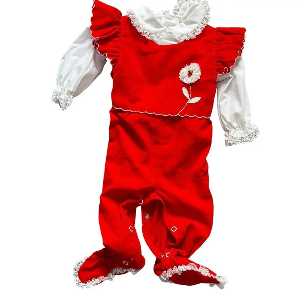 New Vintage Baby Girls‎ 2 pc. Red Velvet and lace jumpsuit 0-9 mos NEW